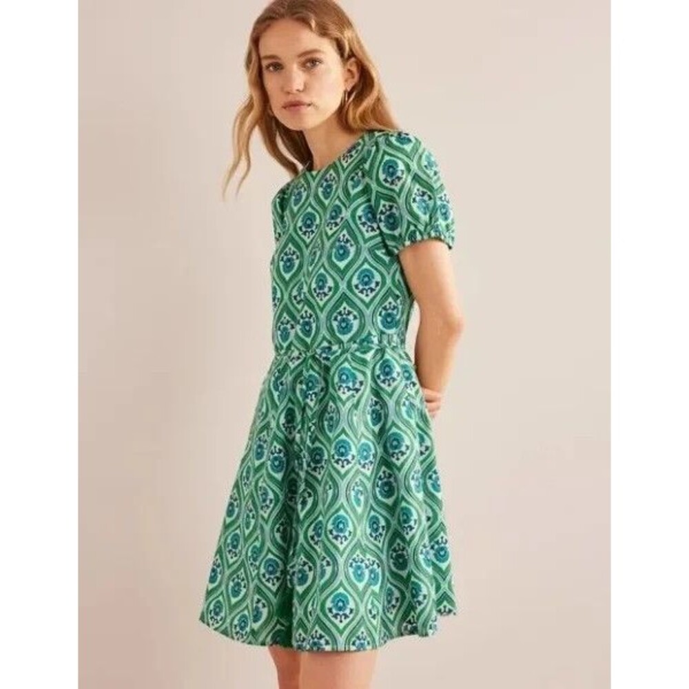 Boden Green/Blue Medallion Pattern Dress Size 14 Short Sleeve Knee Length Cotton